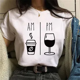 レディースTシャツメイカウルファッションAMコーヒーPM赤ワイン印刷女性ハラジュクトレンディなTシャツかわいいルーズトップティーロパミージャー