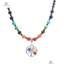 Pendant Necklaces Hand Wound Tree Of Life Stone Necklace Black Gallstone Bead String Jewelry Yoga Seven Chakras Natural Gem Dhgarden Dhxph