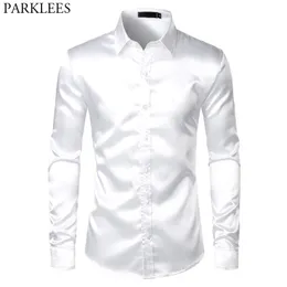 Men's Casual Shirts White Silk Satin Tuxedo Shirt Men Brand Long Sleeve Fitted Mens Dress Shirts Wedding Party Dance Male Casual Shirt Chemise 230207