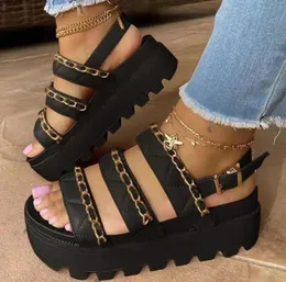 Sandals Luxury Trendy Women Platform Wedges Gladiator Microfiber Leather Metal Chain Decorate Beach Casual Shoes Sandalias Mujer