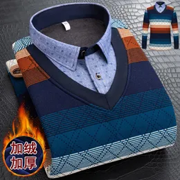Erkek Sweaters 5xl Erkekler Fleece Shirt Yakası Sonbahar Kış Moda Izgara Katı Kıyıcı Sıcak Erkek Artı Kadife 230206