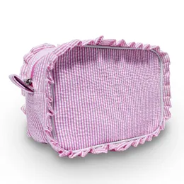 Cosmetic Bags Cases Seersucker Ruffle Cosmetic Bags Pink/Purple Striped Storage Make Up Bags For Women Lady With Zipper Travel Bag Dom1031978 230207