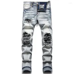 Jeans masculinos Men Biker Streetwear Paisley Bandana Ratch Patch Stretch calça jeans de retalhos de retalhos
