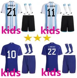 키즈 2022 2023 축구 키트 트랙 슈트 아르헨티나 축구 유니폼 22 23 J.Alvarez de Paul Dybala Di Maria Kun Martinez Maradona Kids Footbal Kit