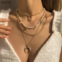 Ketten geschichtete Perlen Halskette Set Böhmen Goth Mond Stern Pedant für Frauen Halsband Schmuck Kragen Charms