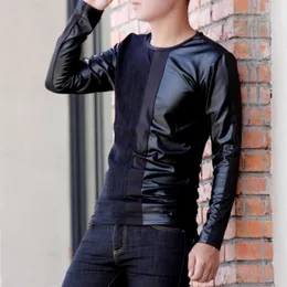 メンズTシャツストリート秋のハイブラックシャツプラスサイズファッション韓国人男性スリム長袖TシャツカジュアルPUレザーパッチワークプルオーバー