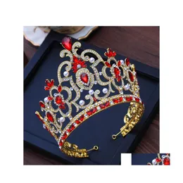 Tiaras Bridal with Gold Vintage Red Crystal Bride Wedding Hair Accessories Rhinestone Crown for Girl 2504