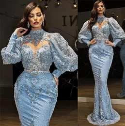 Plus Size Arabo Aso Ebi Lussuoso pizzo in rilievo Abiti da ballo Sirena Collo alto Sera formale Festa Abiti da secondo ricevimento Abito ZJ202