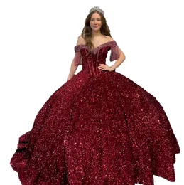 Emerald Dark Green Quinceanera Dress 2023 Puffy Sweet 16 Ball Gown Beading Wine Vestidos De 15 Anos Lace-Up Corset Back Off-the-Shoulder Quince Burgundy Velvet Sequin