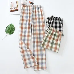 Pijama xadrez de algodão lavado com roupas de sono feminino Frast Seasons fino tecida com bolsos laterais calças caseiras pajama de pantalon casual