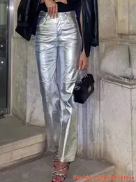 Pantaloni da donna s Moda Argento allentato Casual Pu Leather Vita alta Pantaloni glitter Autunno Inverno Figura intera Streetwear 230105