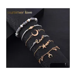 Bangle 6 Pcs/Set Gold Acrylic Bead Mtilayer Braided Rope Bracelet For Women Star Moon Love Crystal Pendant Classic Set Jewelry Drop Dhvpe