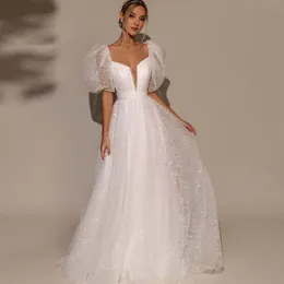 sparcly gilitter puff sleves a line wedding dresses lace up back bridal bow bow tie robe de mariee