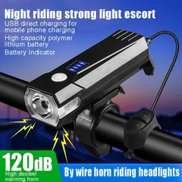 자전거 핸들 바 구성 요소 T6 자전거 가벼운 USB 충전 혼 헤드 라이트 MTB 마운틴 전면 램프 손전등 랜턴 토치 액세서리 230206