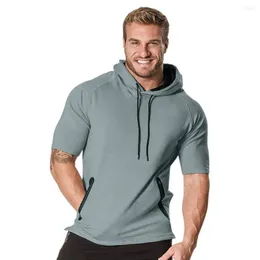 Men's Hoodies Fashion Patchwork Zip Pocket Short Sleeve Vest Hoodie Streetwear Pure Sweatshirt Sport Outdoor 2023 Clothes Army Green