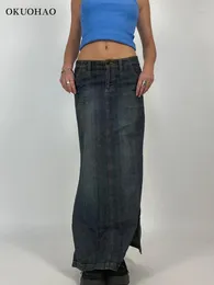 Skirts Jeans Women Striped Vintage Straight Denim Skirt Clothing Female Y2k High Street Split Fork Long Solid Streetwear