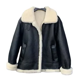 Herren Leder Faux Schaffell Pelz Herren Shearling Mantel Schwarz Weiß Echte Jacke Männlich Winter Fliegen Motorrad Winddicht Warm Wolle Mantel