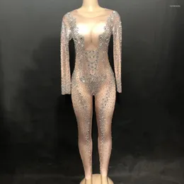 Sahne Giyen Kadınlar Seksi Parlak Rhinestone Cilt Tulum Pırıl Pırıl Kristal Bodysuit 3D Baskı Göğüs Gece Kulübü Partisi Performansı