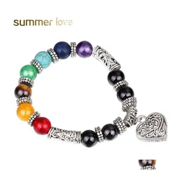Beaded Strands 10Mm Heart Charm Beads Bracelet For Women Men Handmade 7 Chakra Healing Ncing Yoga Bracelets Retro Jewelry Gifts Dro Dhnao