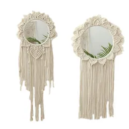 Mirrors Nordic Hand Woven Hanging Wall Makeup Mirror Bohemian Braided Cotton Rope Sunflower Tapestry Tassels Macrame Home Decor F19B