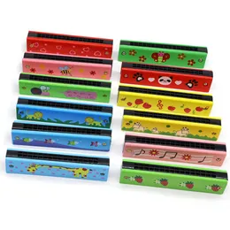 16 hole cute harmonica toys cartoon pattern children's wind instrument double row harmonica wooden toy children's gift