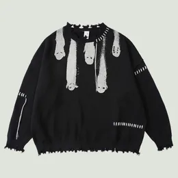Men's Sweaters Hip Hop Knitted Men Harajuku Vintage Hole Ghost Graphic Jumpers Streetwear Punk Casual Oversized O Neck Pullover Unisex 230206