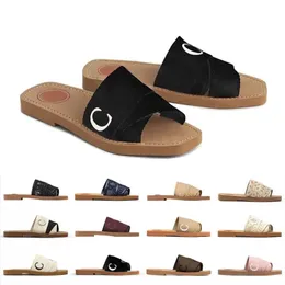 Woody tofflor Sandaler Slides Sliders For Women Mules Flat Slide Tan Beige White Black Pink Lace Lettering Tyg Canvas Woman Slipper Slider Sandal Scuffs 35-42