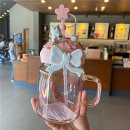 600ml 핑크 사쿠라 귀여운 고양이 스타 벅스 밀짚 머그 유리 콜드 음료 컵 선물 제품 311l