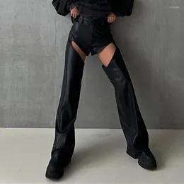 Женские брюки с высокой талией на молнии прямой женщины Faxu Leather Hollow Out Sexy Pu Lose Long Pant Black Lady Bonders 2023 Мода