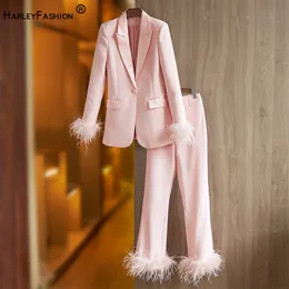 Pontas de duas peças de duas peças elegantes American Women Street Pink Feather 2 Peças Conjunto de luxo Lady Quality Blazer Suits 230207