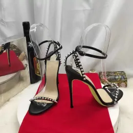 2023SS Summer Sexy Lady Mulheres sandálias breves tornozelo de tira de picos de couro fosco sapatos de salto alto 12 cm grandes com caixa