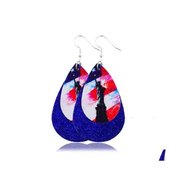 Baumeln Kronleuchter Modedesign Doppelschicht Pu-leder Ohrring Vereinigte Staaten Flagge Tropfendruck Für Unabhängigkeitstag Frauen J Dhs54