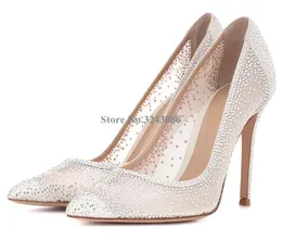 Kleid Schuhe Spitze Zehen Mesh Dünne High Heel Pumps Bling Kristall Elegante Hochzeit Glänzende Strass Bankett