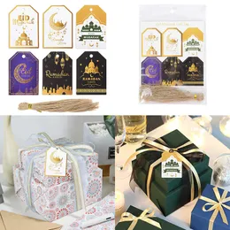 Wrap 48st/Bag Eid Mubarak Taggar Ramadan Decorations Moon Print Gift Box Hanging Paper Tag med Rope Islam Muslim Party Decor Supplies 0207