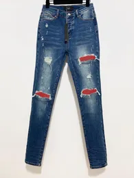 Men's Jeans Quality AMR Knee Ripped Men Women Red Wrinkle Bike Distressed Denim TrousersMen's