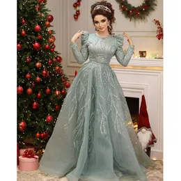 Sparkly Mint Green Muslim Evening Dresses with Long Sleeve 2023 Gillter Sequins Beaded Arabic Princess prom Occasion Gown