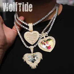Anpassad foto kärlek hjärthänge halsband bling kubik zirkonia hiphop 18k guld pläterad personlig diy bild smycken bijoux gåvor för par älskare