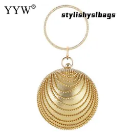 Väskor Rund Ring Kvällsväskor Metall Guld/Sliver Rhinestone Round Ball Handväskor Elegant Lyx Clutch Handväska Små Bröllopsplånböcker 020823H