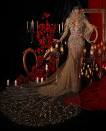 Sexy Champagner-Meerjungfrau-Brautkleid mit langen Ärmeln, V-Ausschnitt, 3D-Spitze, Applikationen, Pailletten, Perlen, Perlen, sexy Dimonds, bodenlang, Plus-Size-Brautkleider abiti da sposa