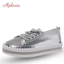 Klädskor aphixta loafers skor kvinnor lyx silver kristall snörning plattform skor kvinna paljett tyg bling crysta svart platt klackar sko t230208