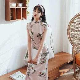 ملابس عرقية أنثى ساتان مصنوعة يدويًا زر Qipao الأنيقة طباعة زهرة قصيرة الأكمام الصينية على الطراز الصيني Cheongsam بالإضافة إلى حجم 3XL