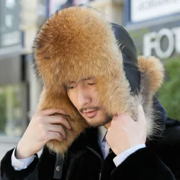 Mens Real Fox Fur and Real Leather Hat Russian Ushanka Warm Aviator Trapper Bomber Hat Ski Earmuffs Cap