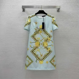 Retro Style Dress Golden Rectangle Logo Floral Print Short Sleeve Brand Dress Classic Simple Designer Crewneck Zipper Maxiskit Plus Size Clothing