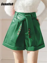 Shorts femininos Seoulish Green PU Leather Fashes Novo 2022 Autumn Winter Wide Pants Wide Perguas Femininas Elegantes Colagens de Office Pockets Y2302