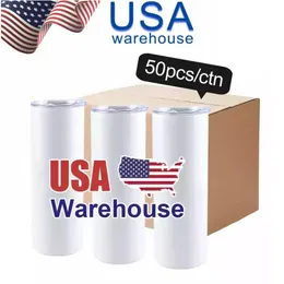 USA Warehouse 20 Oz SubliMation Tumblers Rostfritt stål Dubbelväggisolerad kaffemugg Vit rakt tomt lager SS0208