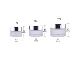 200 X bottiglie di imballaggio Frost Glass Make Up Cream Jar Vaso Contenitori con tappo argento brillante UV 15g 30g 50g