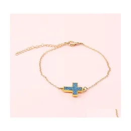 Link Chain Simple Resin Druzy Stone Cross Charm Bracelet For Women Bohemia Gold Plated Adjustable With Card Fashion Friendship Jewe Dhhqy