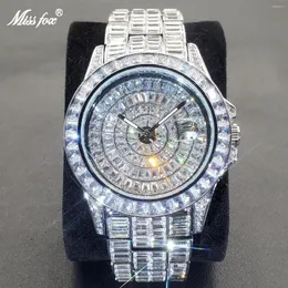 Zegarek na rękę Missfox Ice Out zegarki dla mężczyzn luksusowe ręcznie robione mozaiki Diamond Srebrny stal zegarek moda hip hop automatyczny data męska