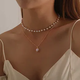 Halsband 2021 Ny mode Kpop Imitation Pearl Choker Halsband Söt dubbelskiktskedja Pendant For Women Jewelry Girl Gift Wholesale 0206