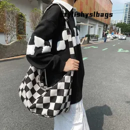 Totes Bolsas de lienzo de tablero de ajedrez para mujeres Bolsos femeninos Femeninos Casta Crossbody Bag Bag Eco Bag Corean Messenger Bag Y2K Satchel 020823H